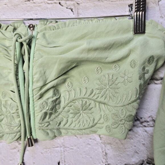 Herencia Collection Green Bustier Crop Top Puff Sleeve Embroidered Detail Size M - Picture 4 of 10